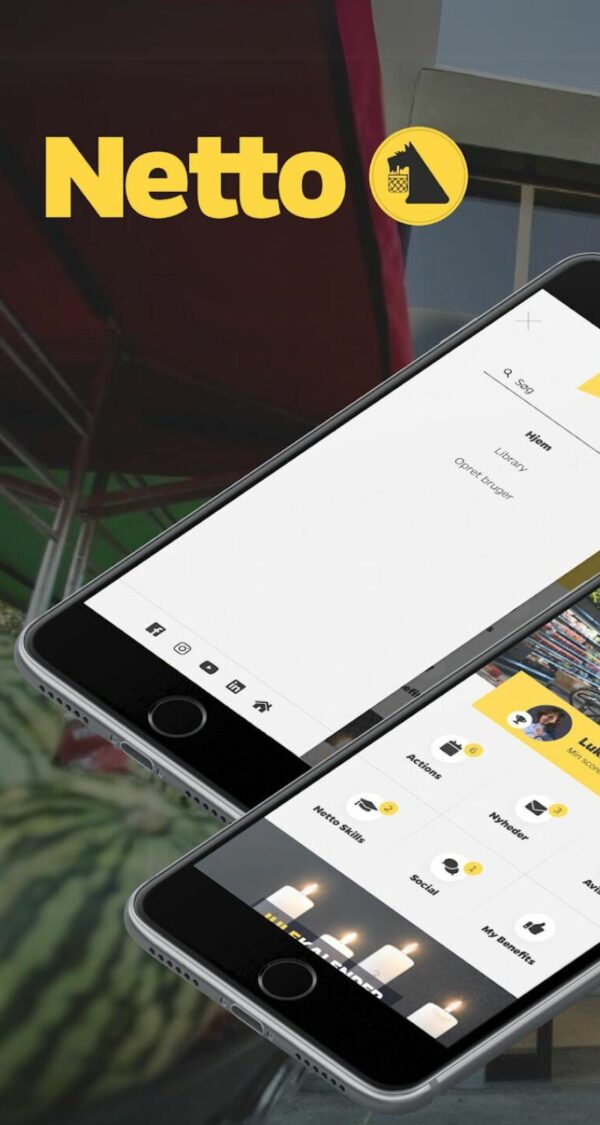 Das Bild zeigt zwei Smartphones mit der Benutzeroberfläche der Netto-App. Die App ist im charakteristischen Netto-Gelb und Schwarz gehalten. Es bietet Funktionen wie "Mein Konto", "Coupons", "Gewinnspiele" und mehr. Die Netto-App scheint benutzerfreundlich gestaltet zu sein und hebt die digitalen Vorteile für den Kunden hervor, wie die Verwaltung von persönlichen Angeboten und digitalen Services. Der Markenname "Netto" und das dazugehörige Logo sind prominent im oberen Bereich des Bildes platziert.