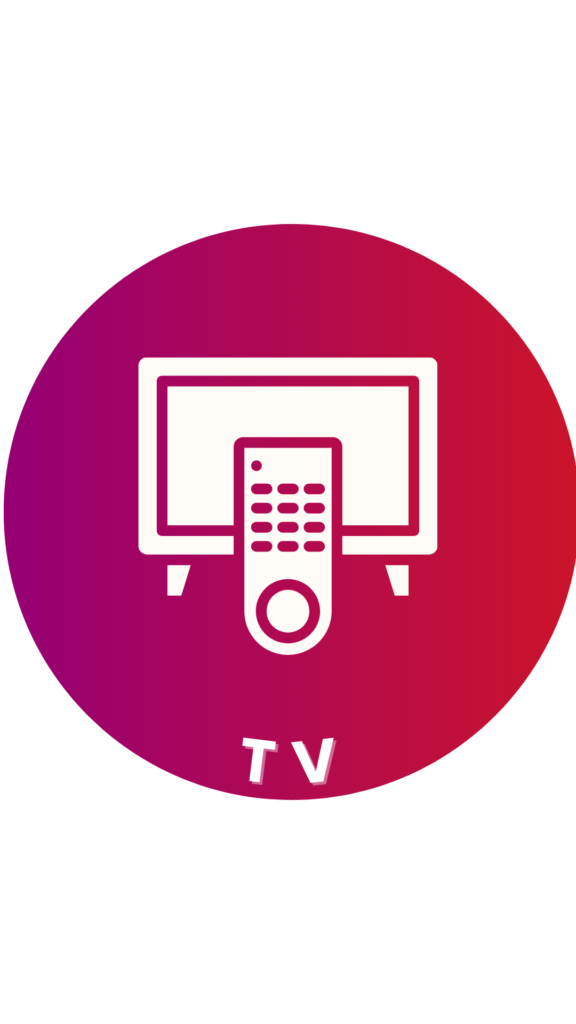 Ein rundes Icon mit einem Farbverlauf von Rot zu Violett und der Beschriftung 'TV' am unteren Rand. In der Mitte des Icons befindet sich ein Symbol eines Fernsehgeräts mit einer Fernbedienung.
