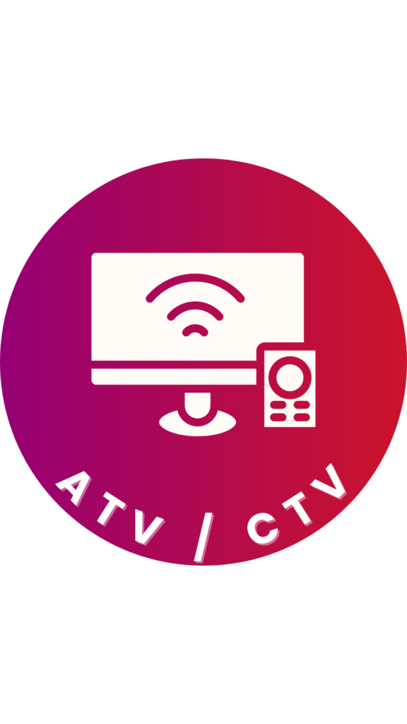 Ein rundes Icon mit einem Farbverlauf von Rot zu Violett und der Beschriftung 'ATV / CTV' am unteren Rand. In der Mitte des Icons befindet sich ein Symbol eines Fernsehbildschirms mit einem Wi-Fi-Signal und einer Fernbedienung.