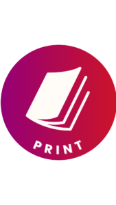 Ein rundes Icon mit einem Farbverlauf von Rot zu Violett und der Beschriftung 'Print' am unteren Rand. In der Mitte des Icons befindet sich ein Symbol eines aufgeschlagenen Magazins.