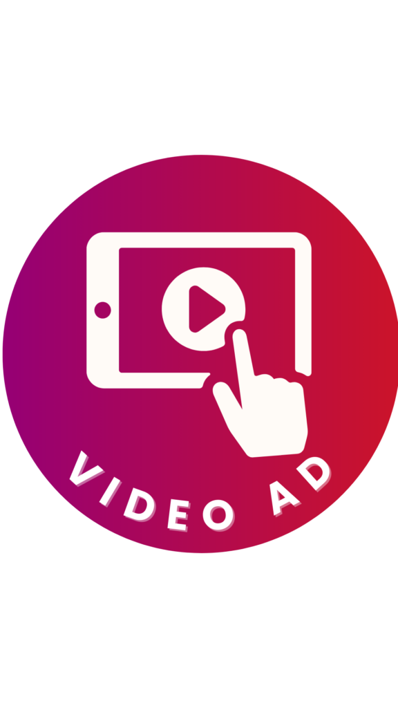 Ein rundes Icon mit einem Farbverlauf von Rot zu Violett und der Beschriftung 'Video Ad' am unteren Rand. In der Mitte des Icons befindet sich ein Symbol eines Tablets mit einem Play-Symbol auf dem Bildschirm und einer Hand.