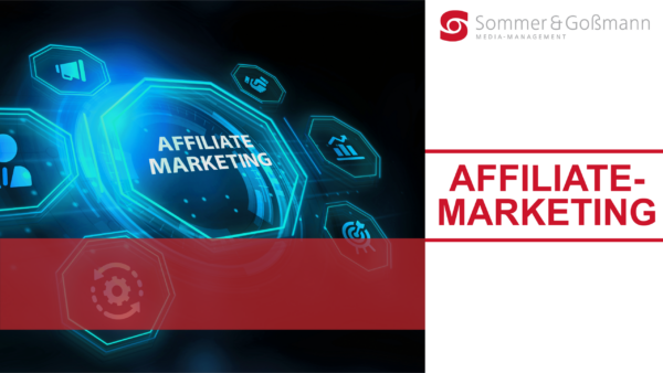 Grafik zu Affiliate Marketing mit blauen Technologie-Symbolen auf dunklem Hintergrund und rotem Overlay-Balken.