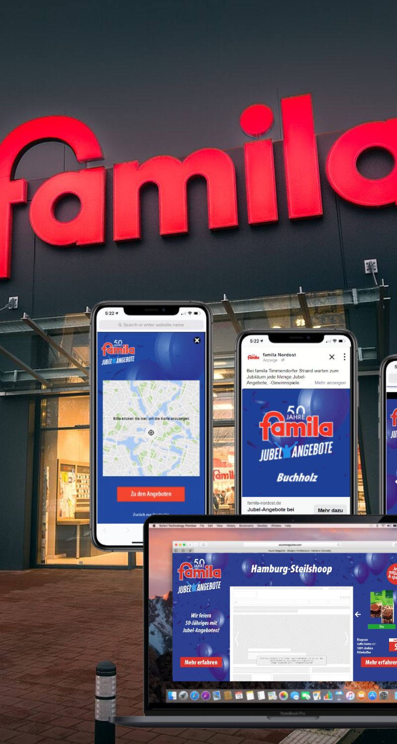 Zeigt 3 verschiedene Medien der famila Standort kampagne vor einer famila Filiale.