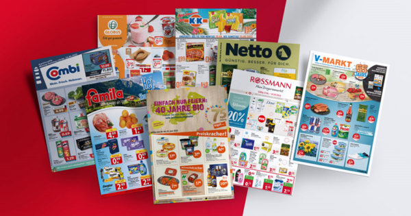 Viele Prospekte von verschiedenen Läden. Darunter Netto , V-Markt, famila, combi, Rossmann, Globus.