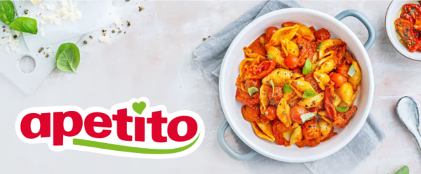 Logo der Firma Apetito und daneben ein Topf mit einem Nudelgericht.
